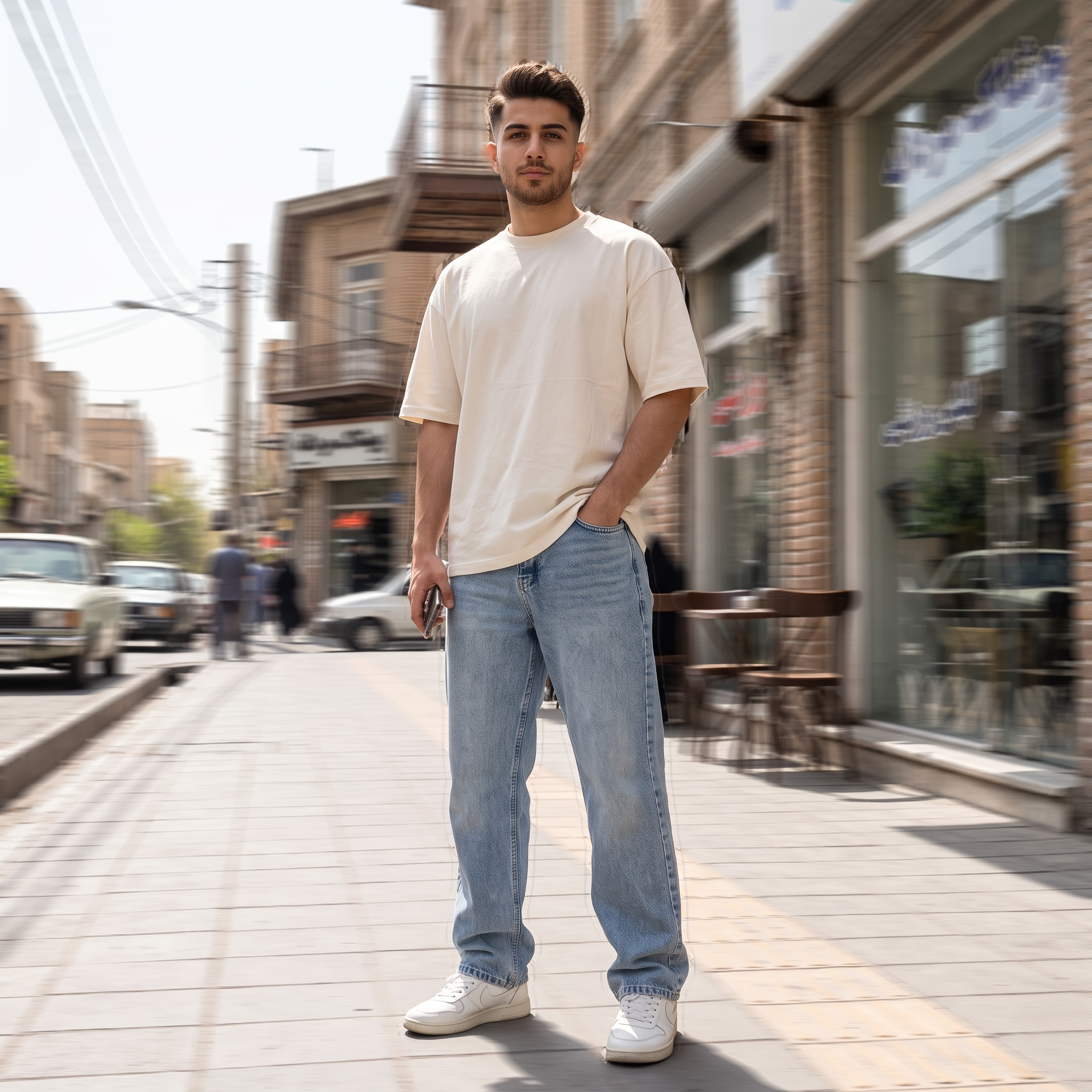 شلوار جین بگ مردانه نخ پنبه بالنسیاگا رنگ آبی روشن نخ دوخت همرنگ مدل M3011PN101-ARHD